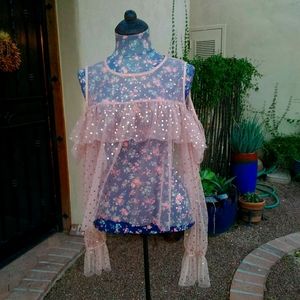 F21 Pink Chiffon Sheer Gold PolkaDot Cold Shoulder